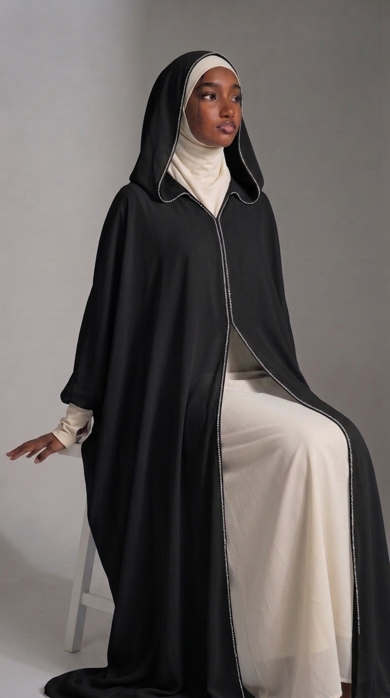 Black hooded chiffon abaya with white inner gown