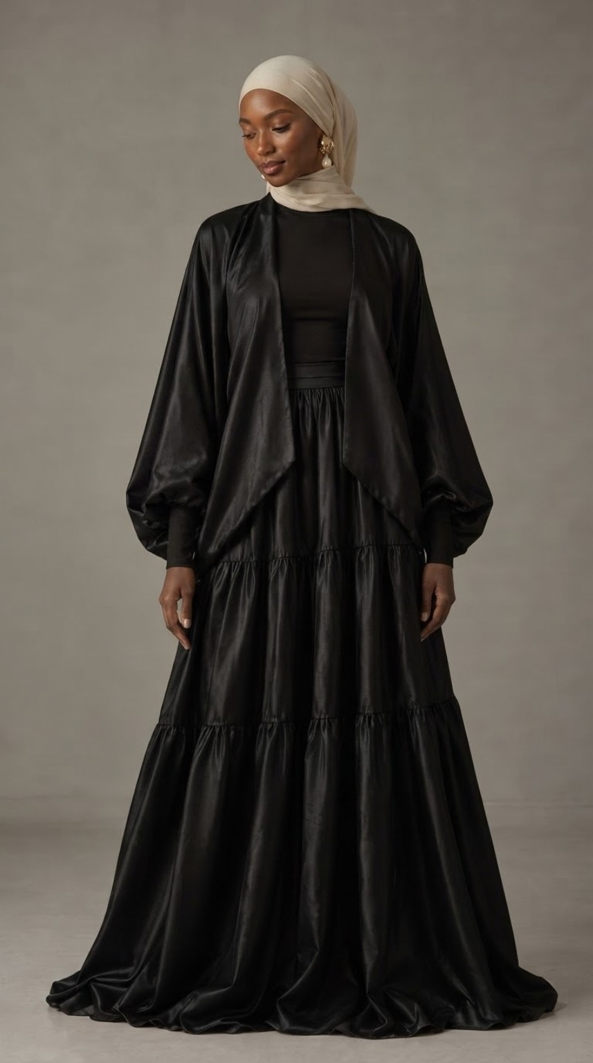 Black satin tiered gown