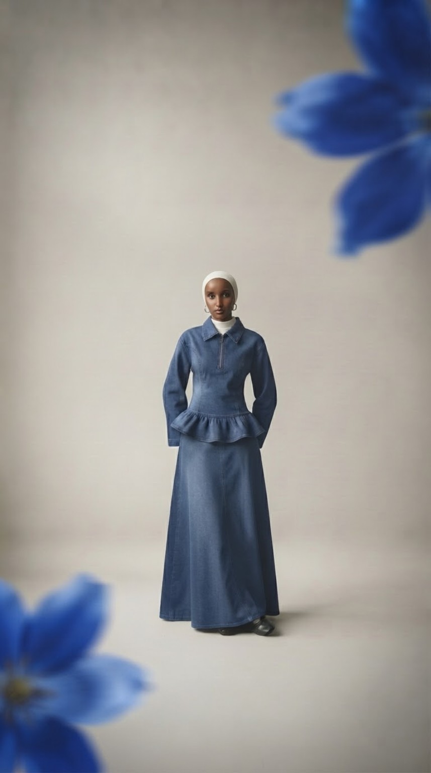 Blue denim peplum gown