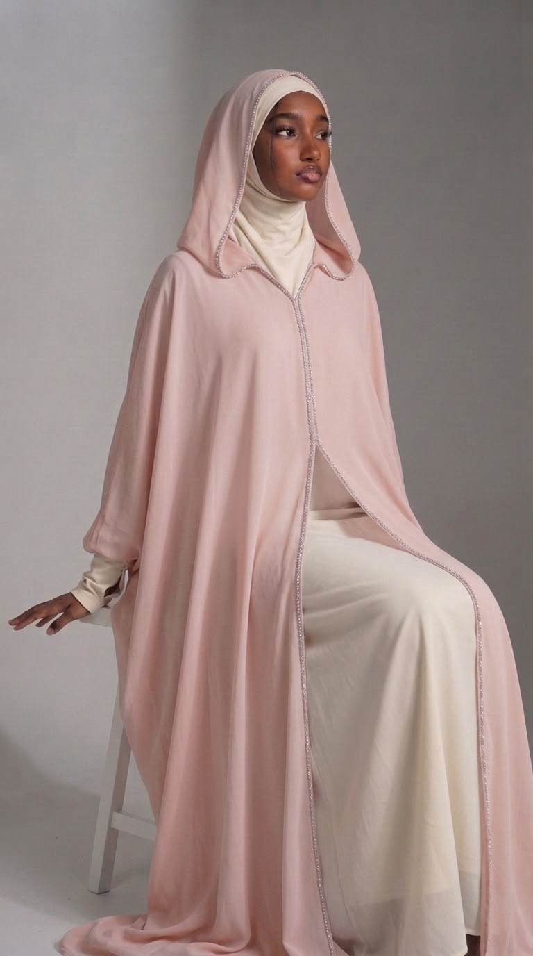 Blush Pink hooded chiffon abaya with white inner gown
