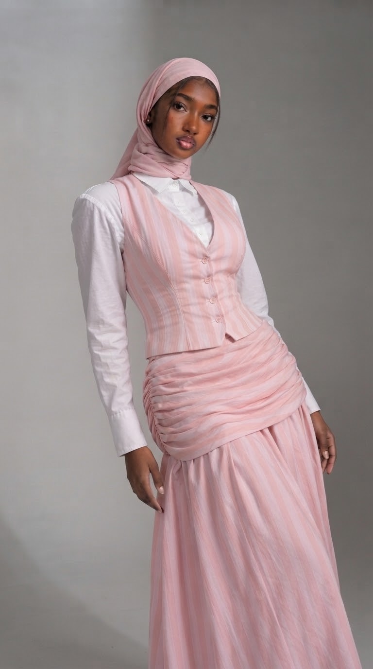 Blush pink striped vest and ruched skirt set