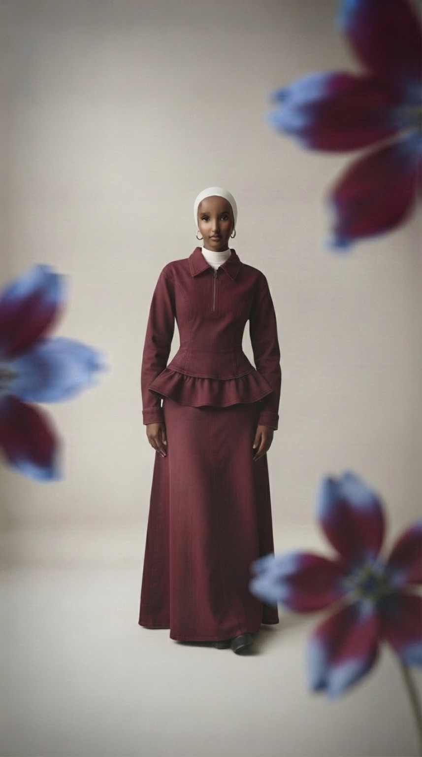 Burgundy denim peplum gown
