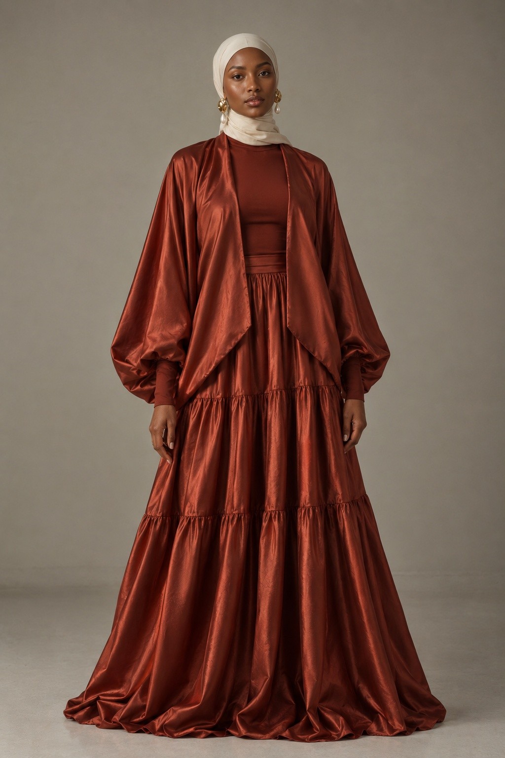 Burnt orange satin tiered gown