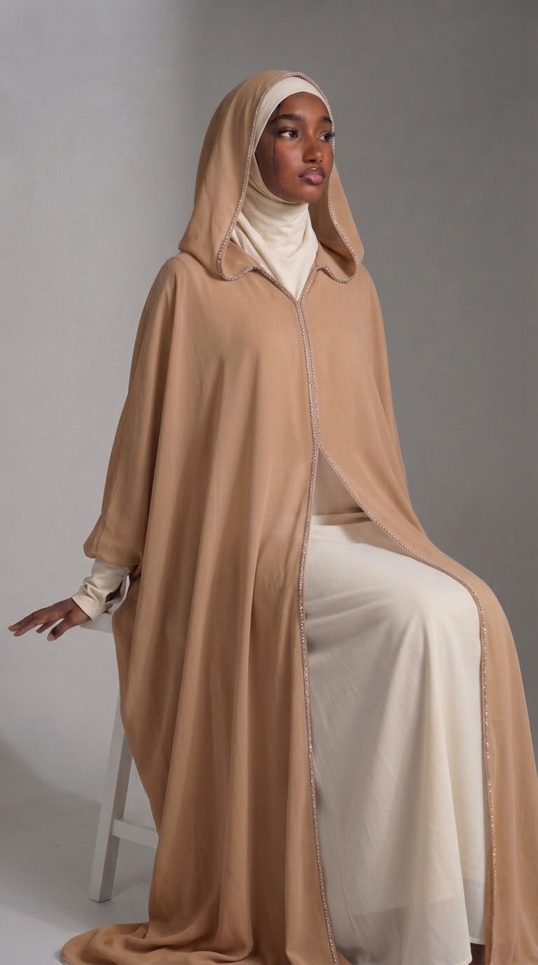 Camel hooded chiffon abaya with white inner gown