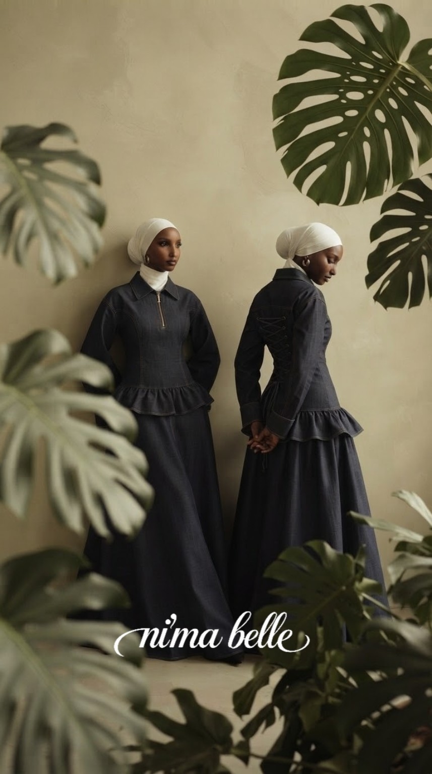 Ni'ma Belle modest fashion editorial featuring a charcoal denim peplum gown
