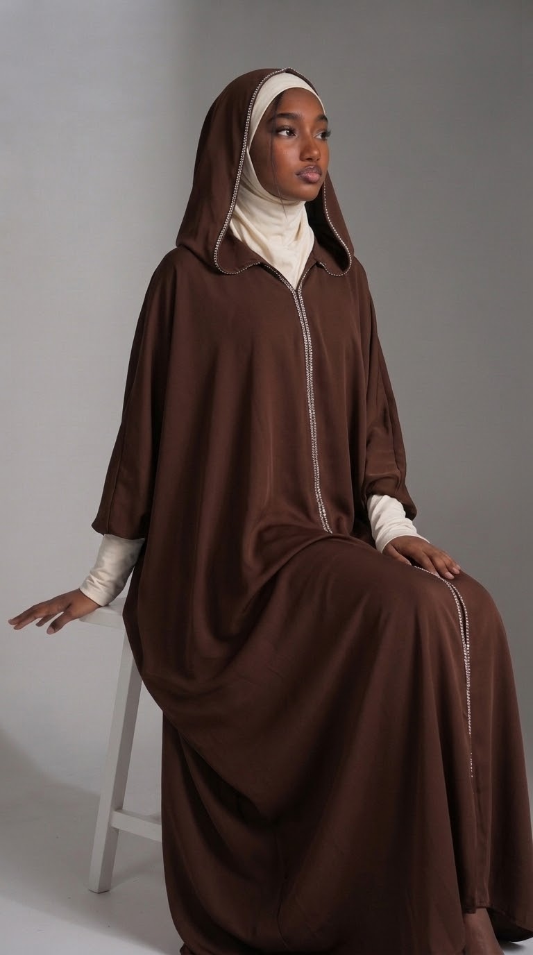 Chocolate Brown hooded chiffon abaya with white inner gown
