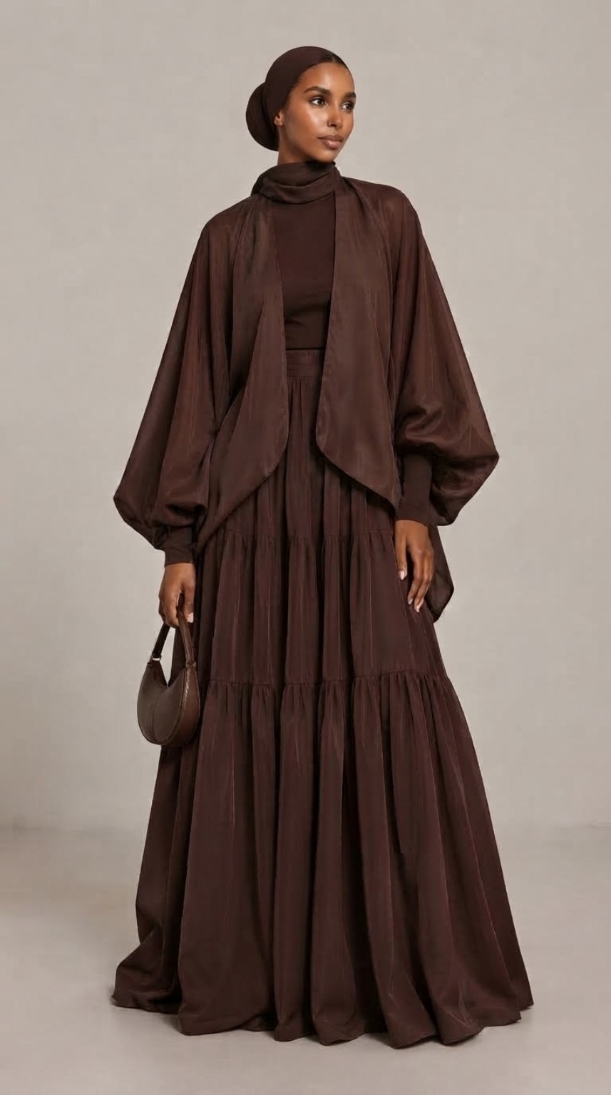 Chocolate brown satin tiered gown