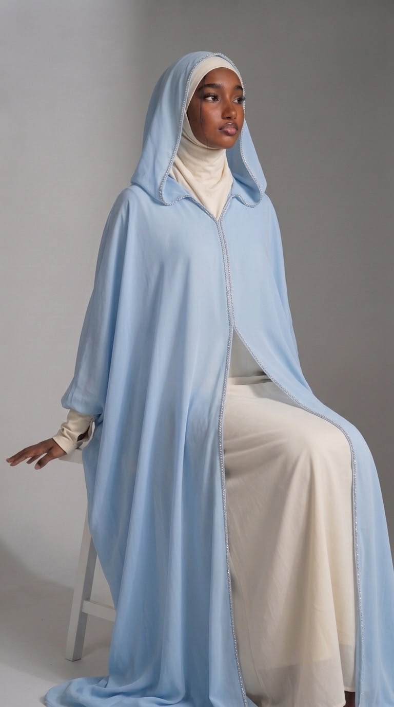 Light Blue hooded chiffon abaya with white inner gown