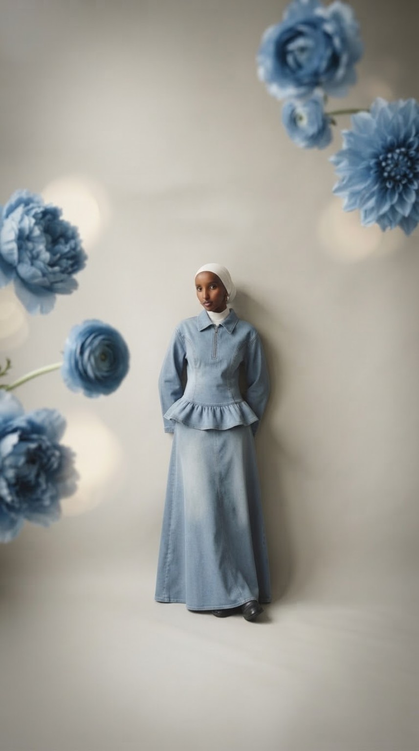 Light blue denim peplum gown