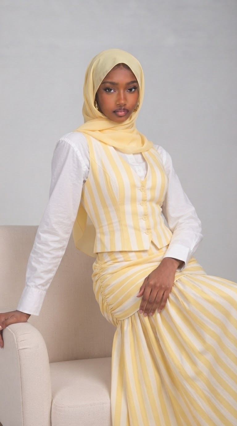 Pastel yellow striped vest and ruched skirt set