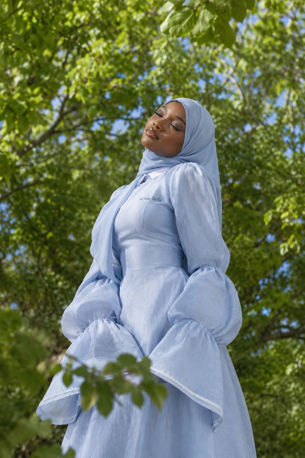 Powder blue puff-sleeve collared dress